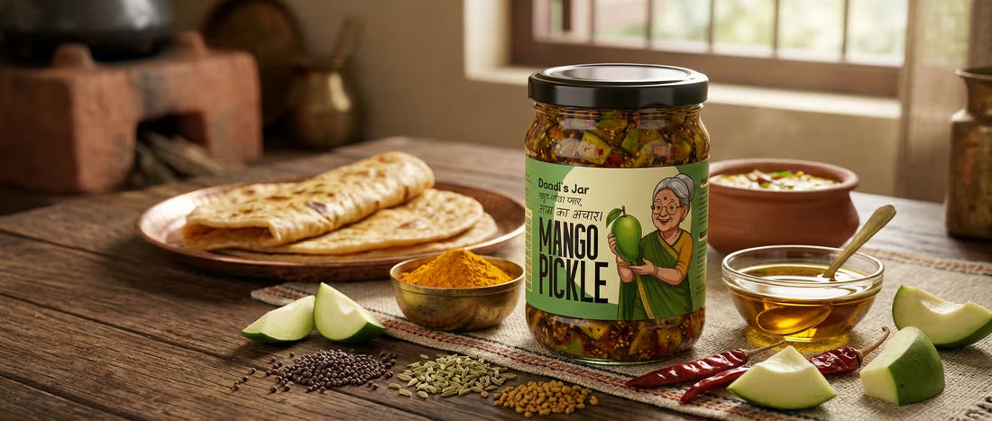 Traditional aam ka achar made with mustard oil and red chilli masala